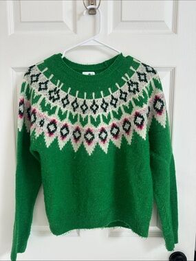 Sundry Green Fair Isle Crewneck Sweater with Pink & Black Accents